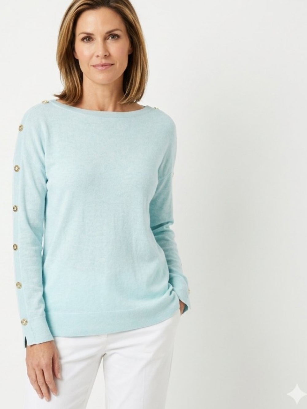 Lilly Pulitzer Milton Coolmax Sweater Heathered Whisper Blue Gold Button